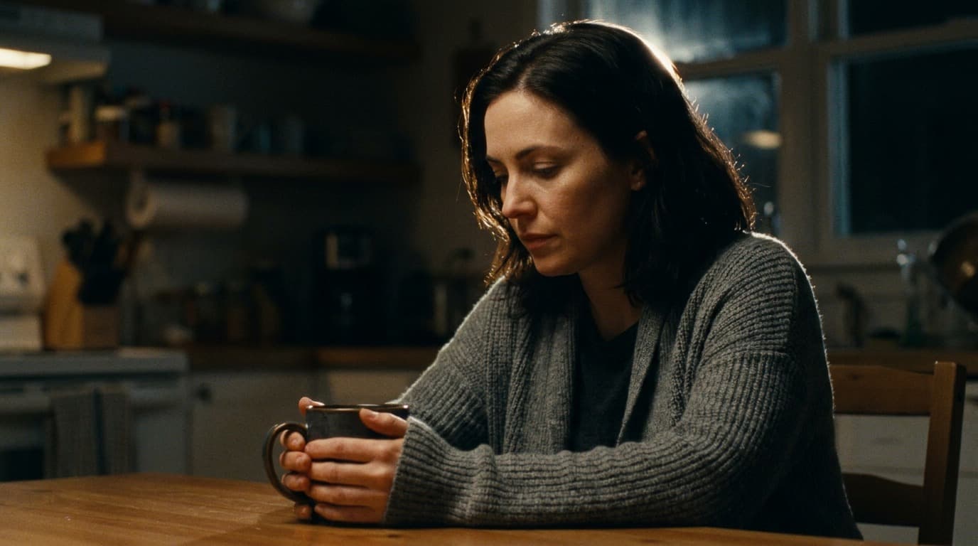 The same scene with a hard rim light from high behind separating her from the dark room