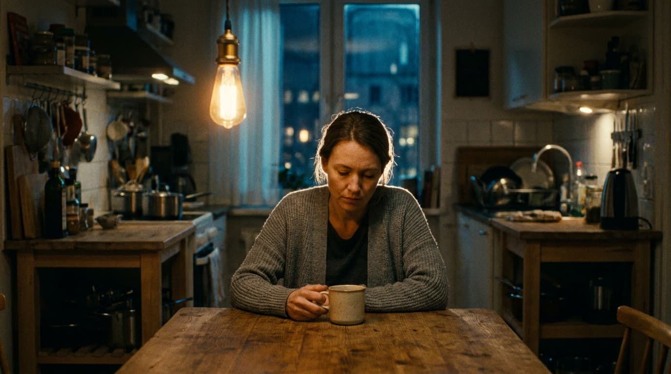 The finished lit frame of a woman at a kitchen table at night
