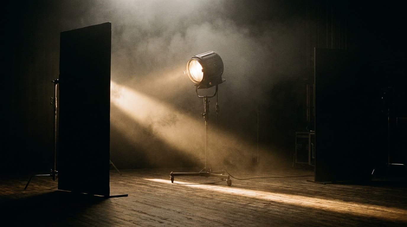 A single fresnel lamp throwing a hard shaft of light across a smoke-filled stage