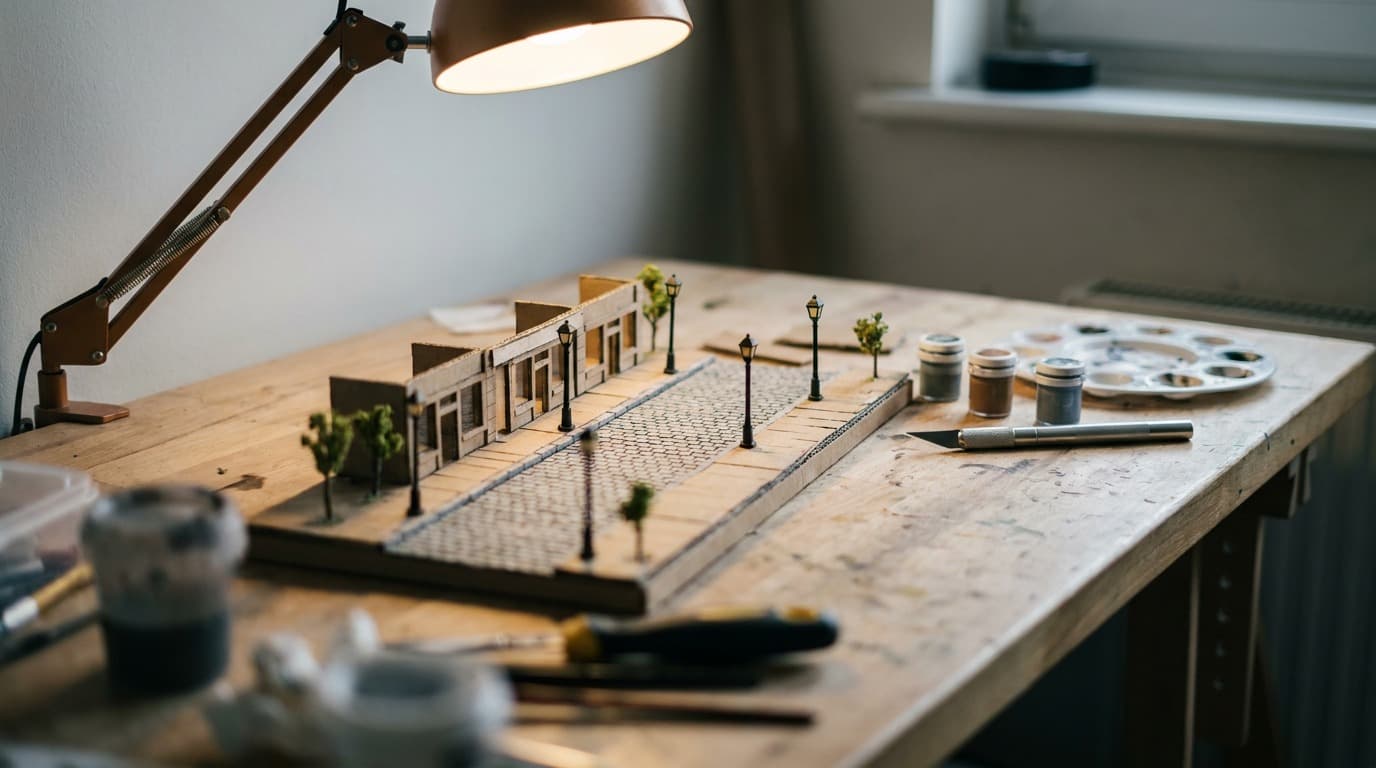 A scale model of a town street built on a workshop table