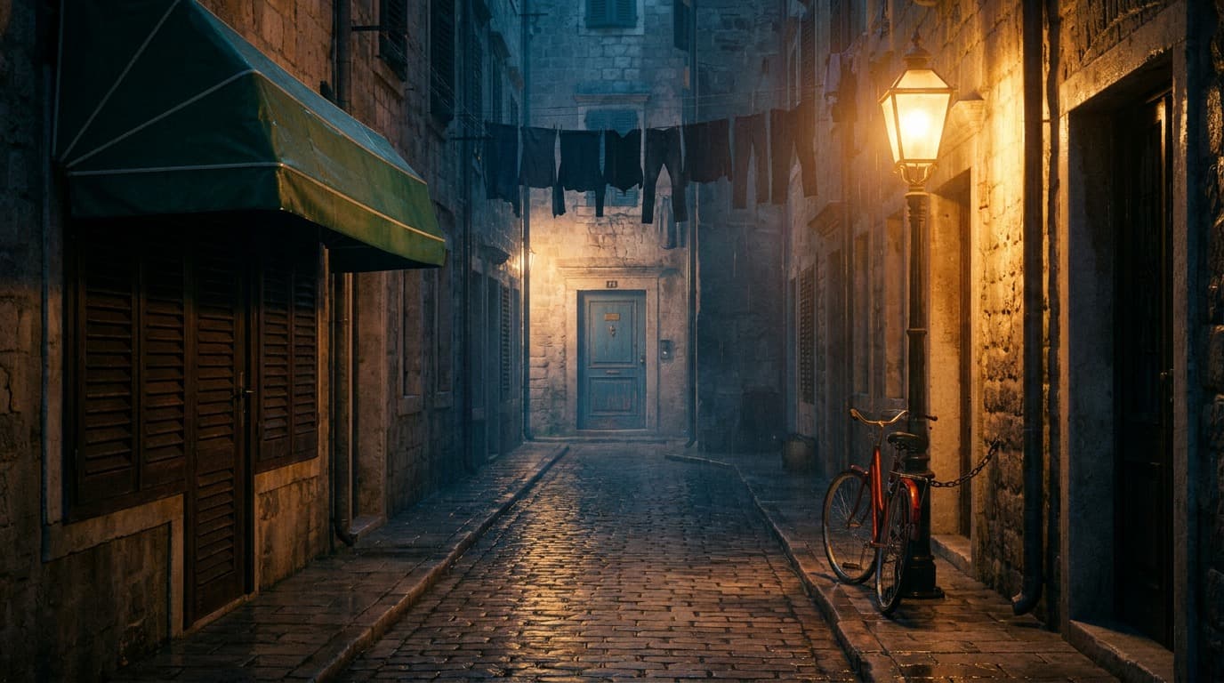The same street at night in light rain with wet cobbles and sodium light