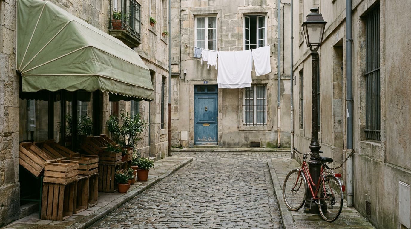 Wide establishing shot of a cobbled side street with a green awning left, red bicycle right and blue door at the end