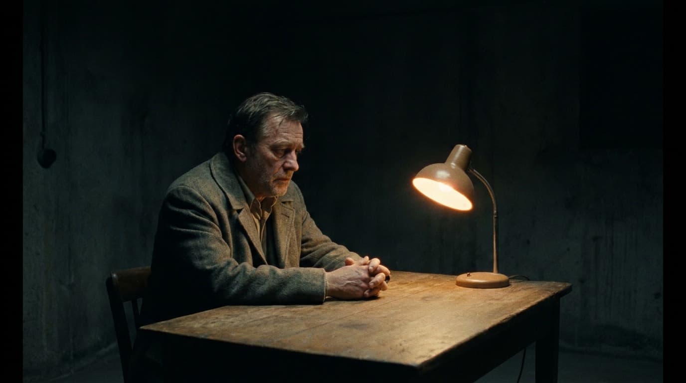 The man looking down at his hands lit only by a desk lamp