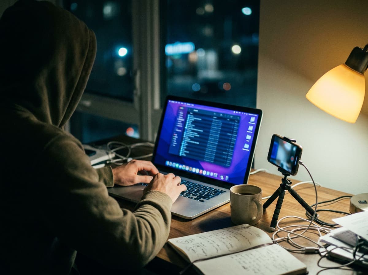 A creator at a desk at night uploading footage from a laptop