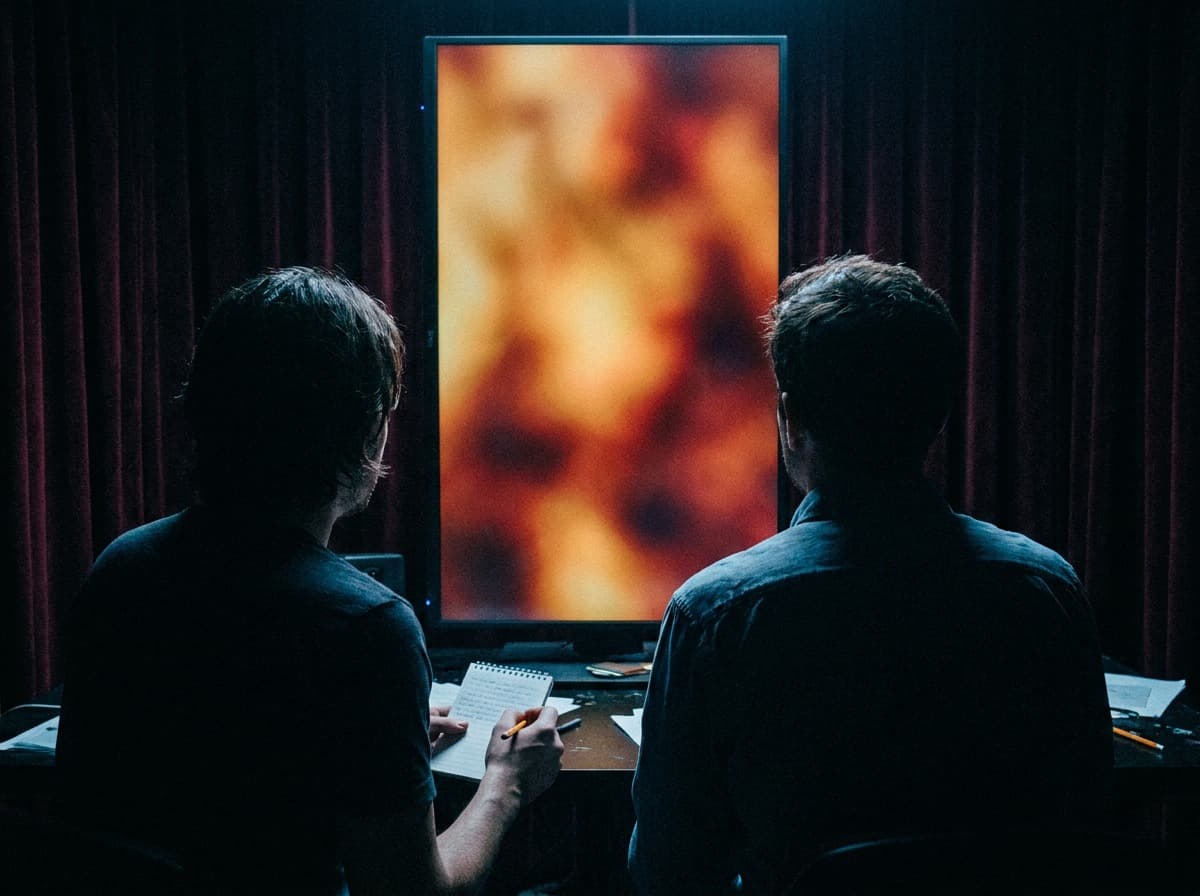 Two people watching a vertical video on a monitor in a dim screening room