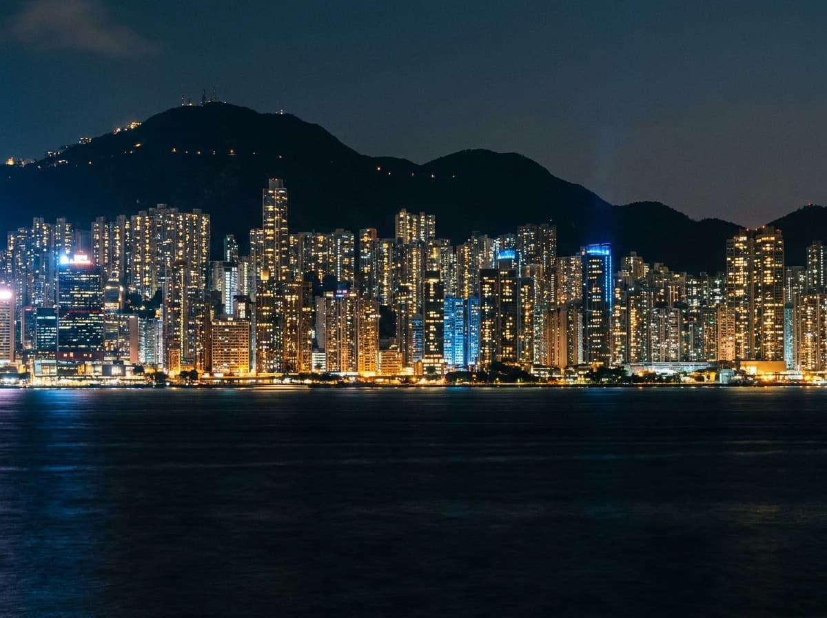 The Hong Kong harbour skyline at night