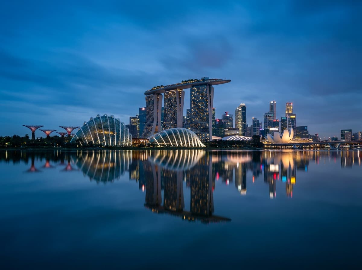 The Singapore waterfront skyline at blue hour
