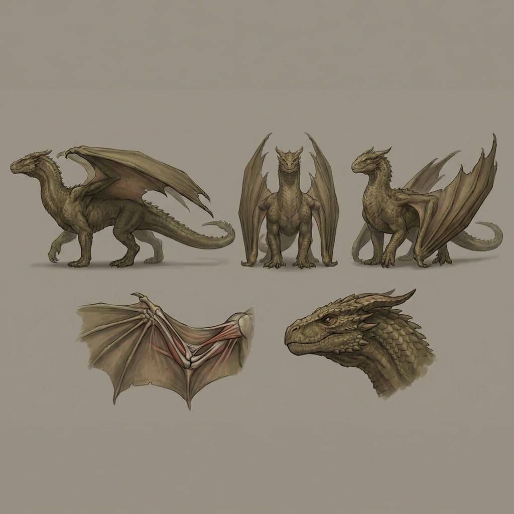 Creature design sheet — a dragon in three orthographic views with wing and head details