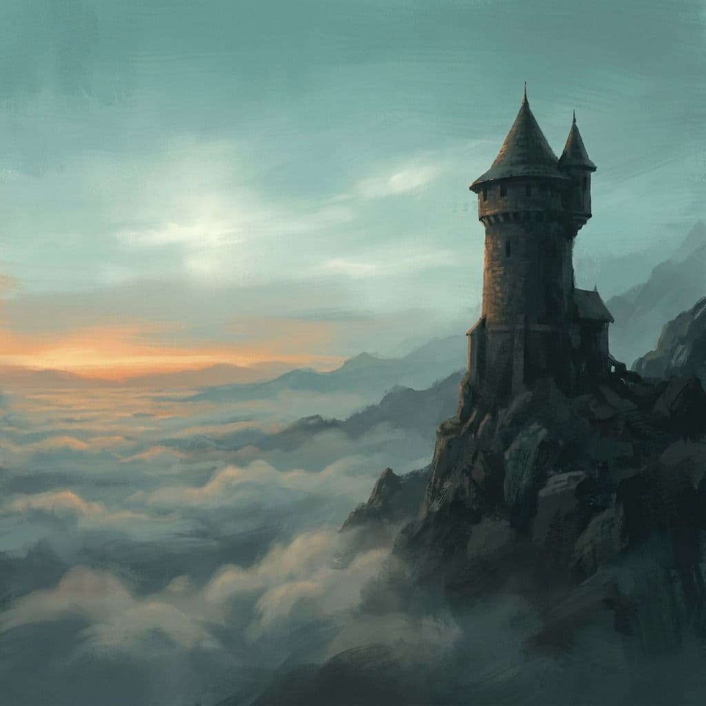 Environment concept art — a cliff-edge watchtower above a sea of cloud at dawn