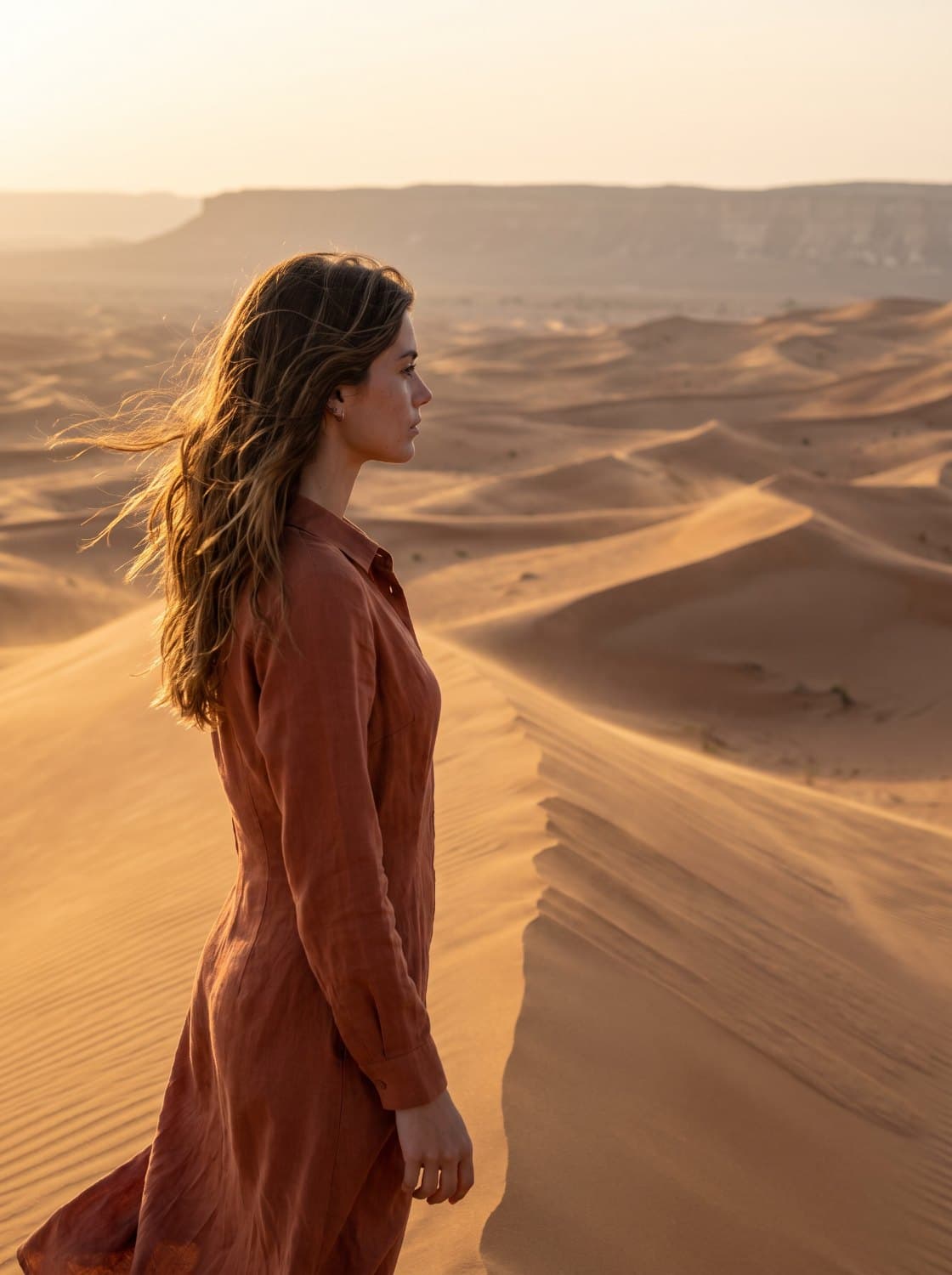 The same character on a dune crest looking out across the desert, wind lifting her hair