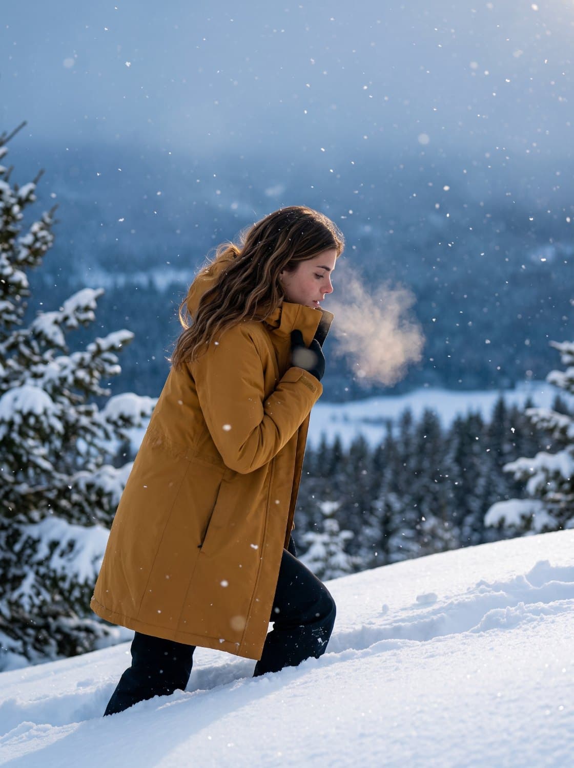 The same character pushing uphill through deep snow in a mustard parka, head down against the wind