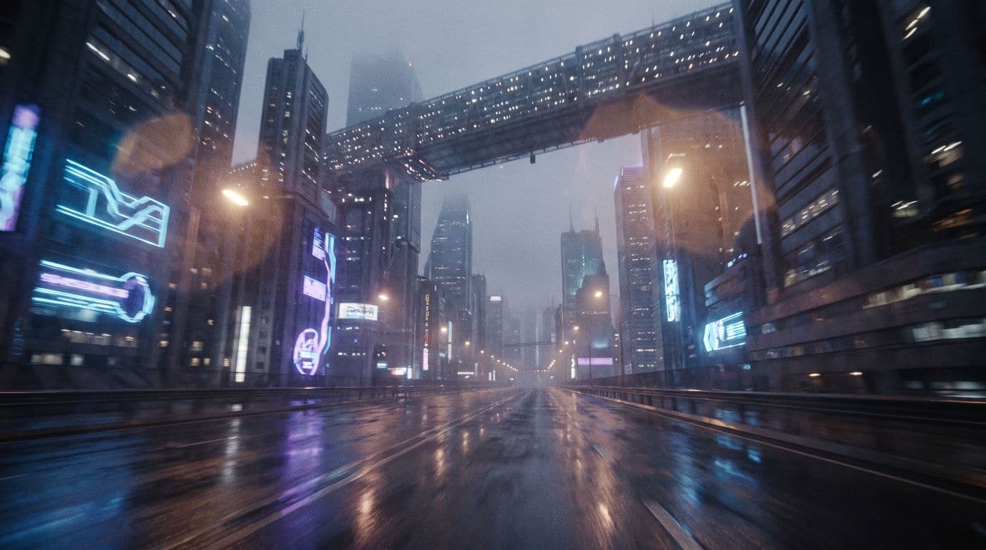 The same camera path rendered — a rain-slick neon street at night beneath a vast skybridge