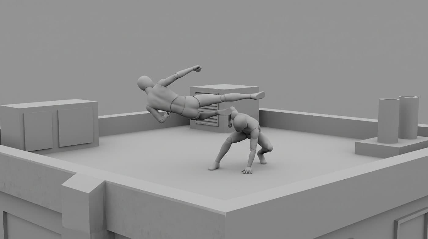 Grey clay proxy take — two mannequins run a full exchange of kicks, punches, a sweep and a clinch on a blocked-out rooftop