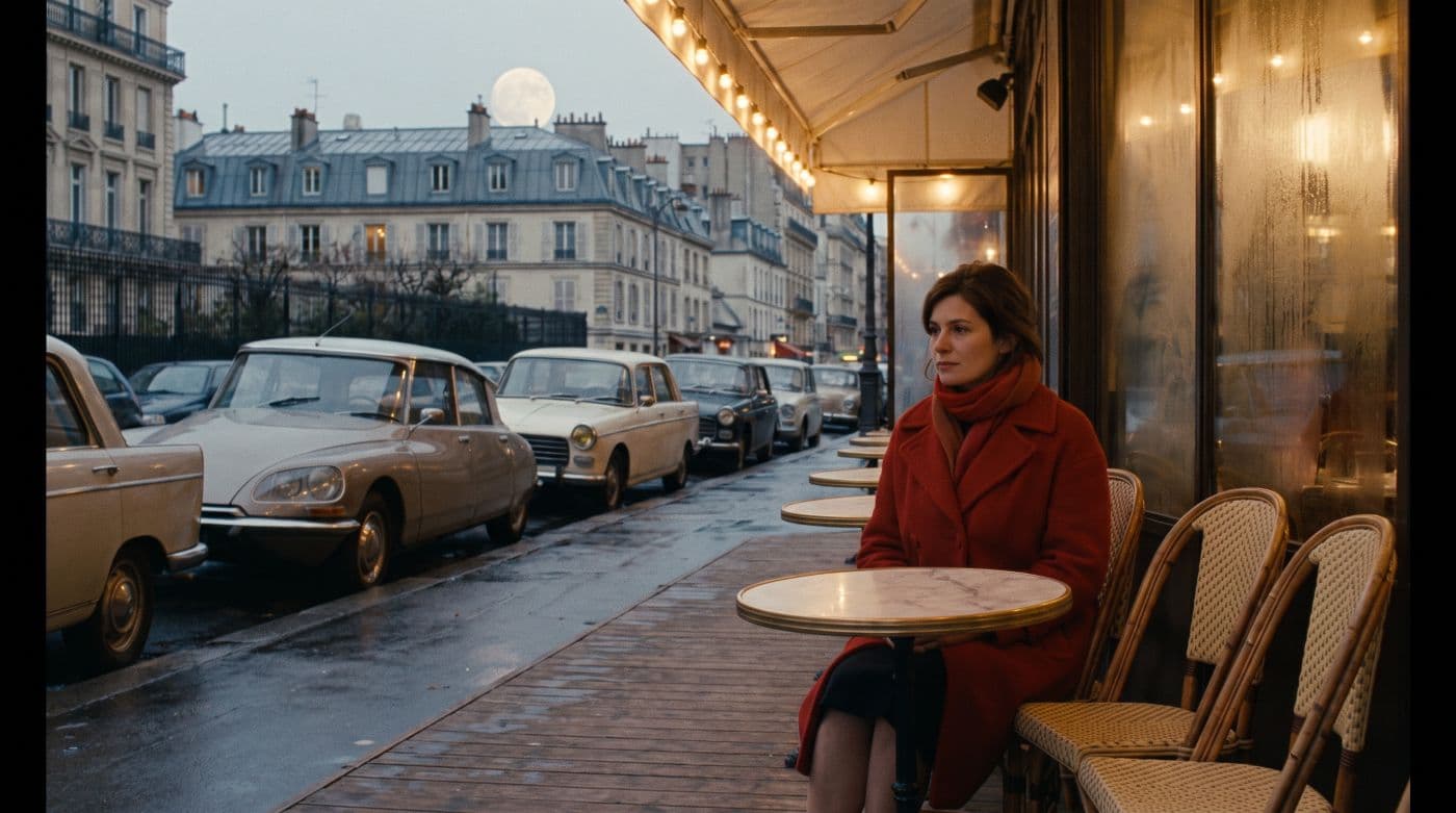 Source take — a woman in a red coat at a Paris cafe terrace under a rising moon