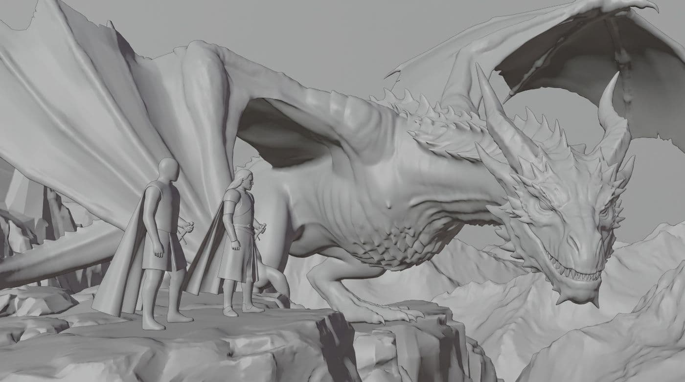 Grey clay proxy take — an untextured dragon proxy lowers its head toward two mannequin figures on blocked-out rock