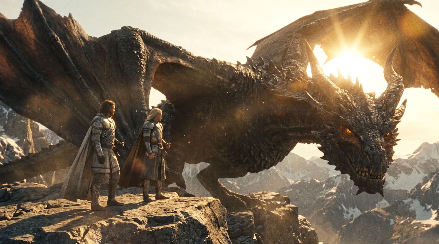 Generated shot five — the dragon lowers its head toward the two figures on the ledge