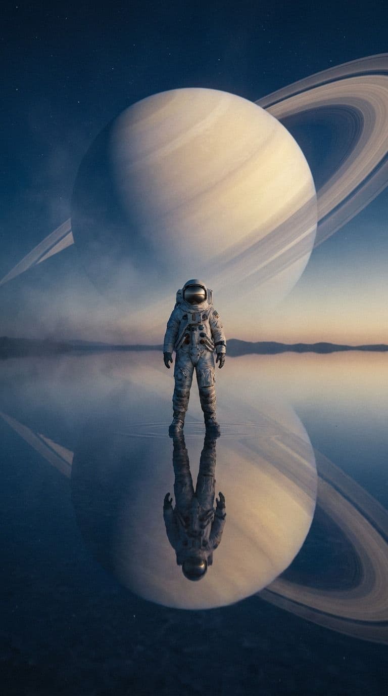 An astronaut on a mirror-flat salt lake beneath an enormous ringed planet