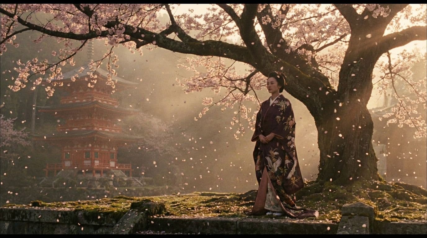 A woman in a silk kimono beneath a blossoming cherry tree in swirling petals