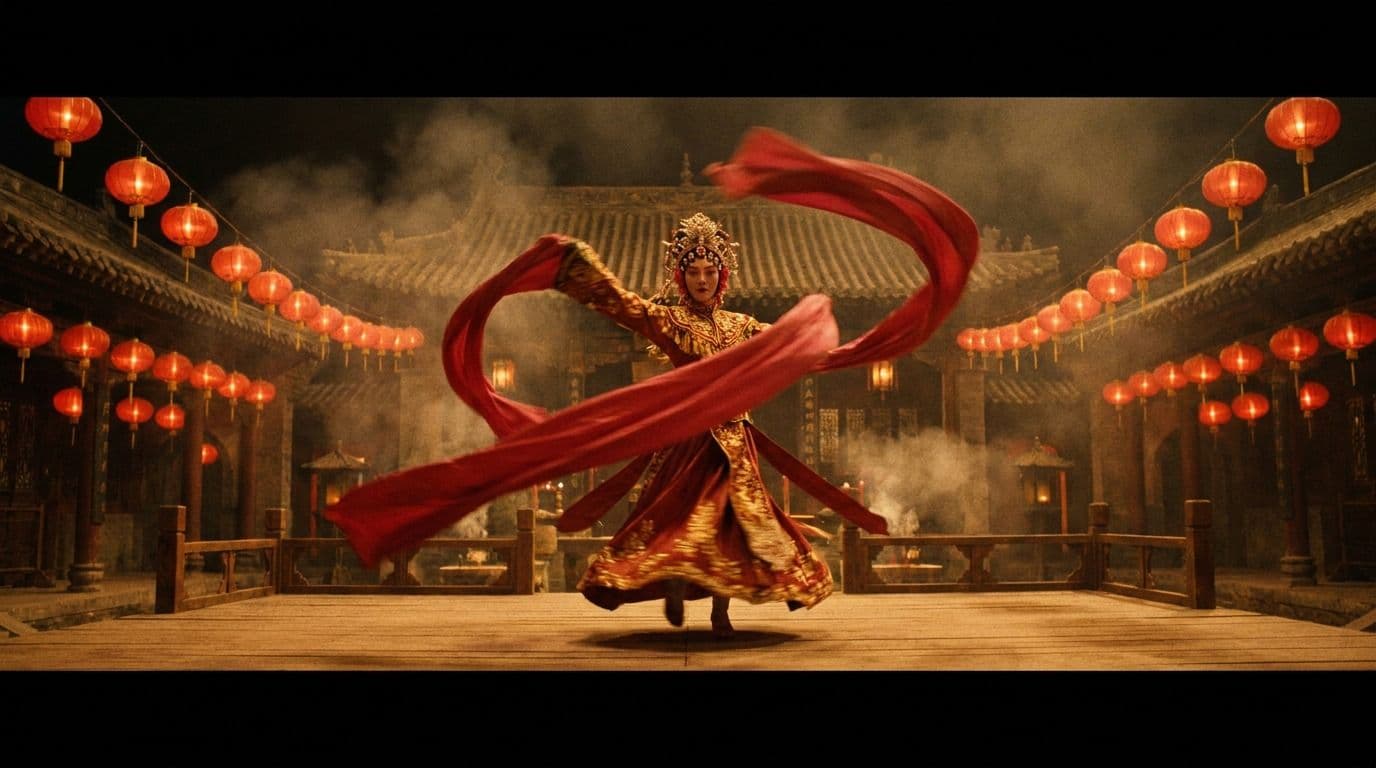 A Chinese opera performer spinning long crimson silk sleeves on a lantern-lit stage