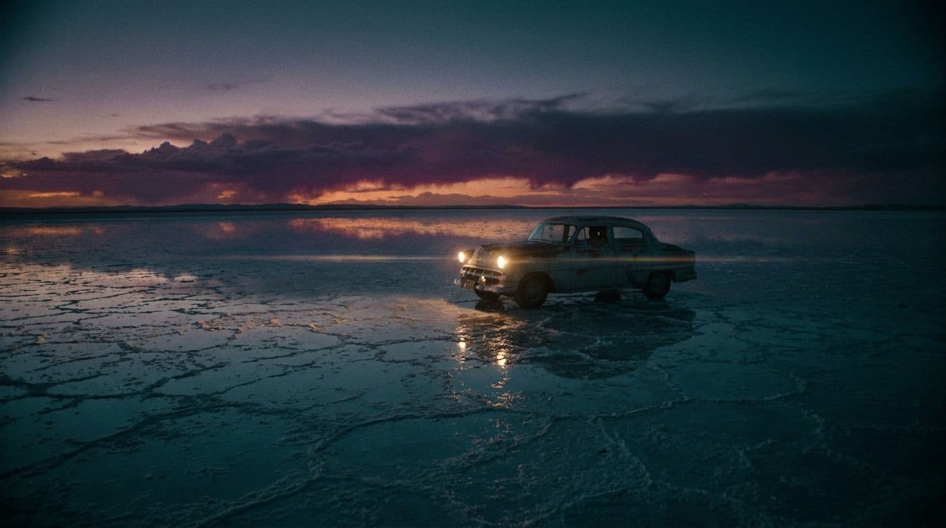 Generated frame — a lone vintage car on a salt flat at dusk under a magenta storm band