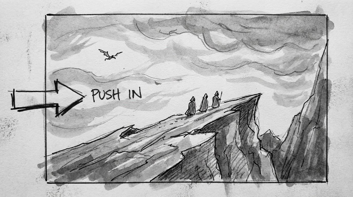 Storyboard panel one — three cloaked figures walk a mountain ridge, a winged shape far off