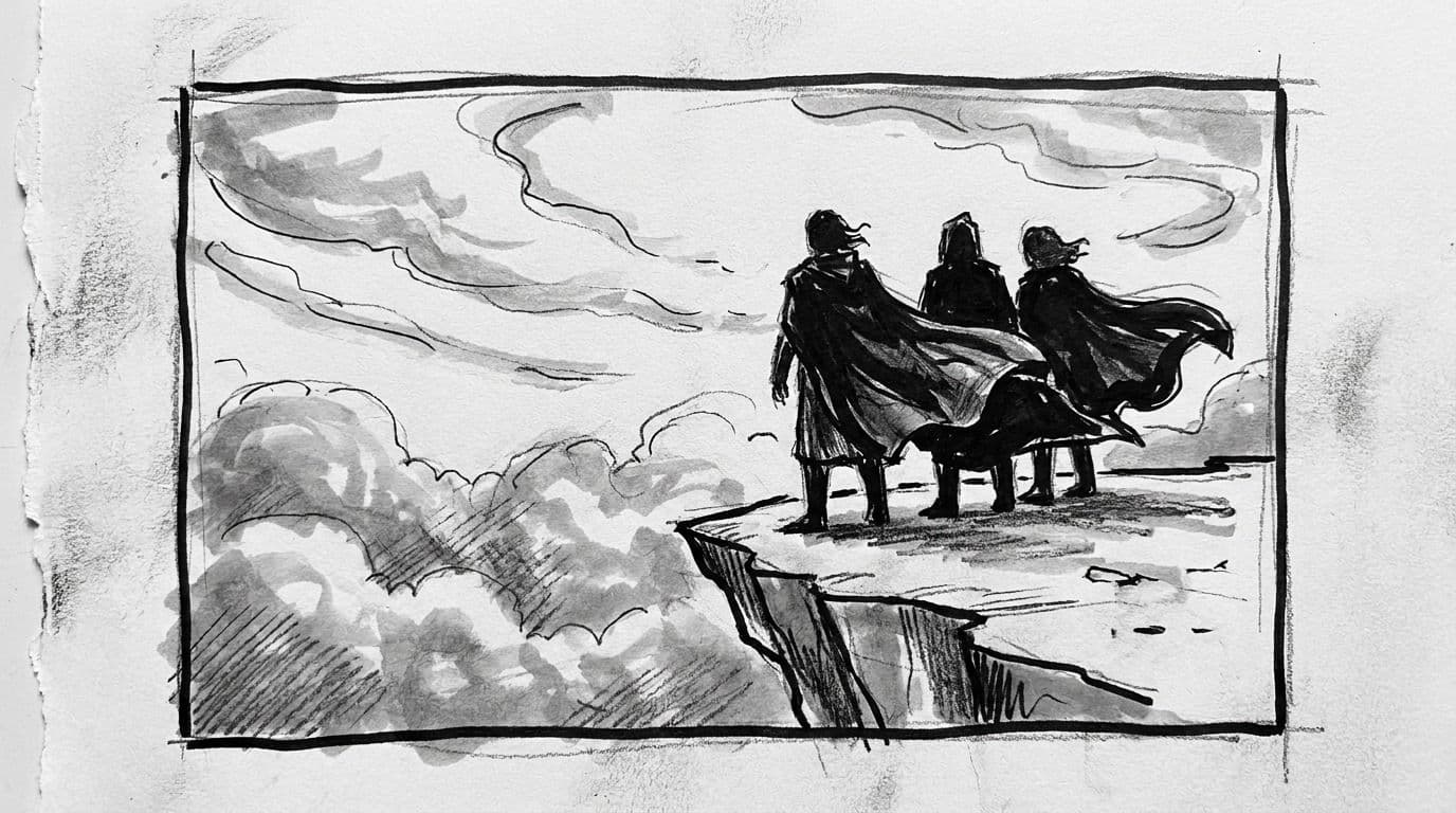 Storyboard panel two — the figures at the cliff ledge looking up