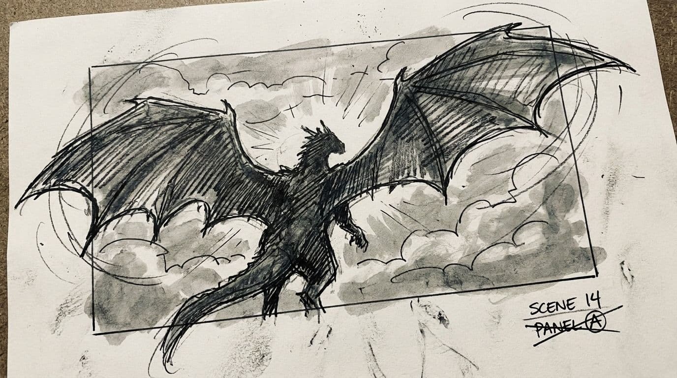 Storyboard panel three — low angle of the dragon descending through cloud