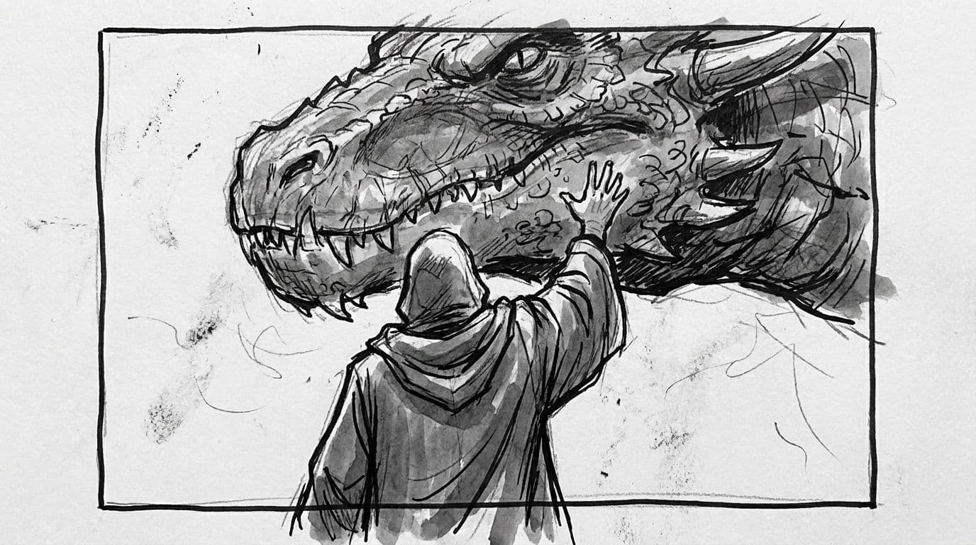 Storyboard panel five — over the shoulder as a figure raises a hand to the dragon